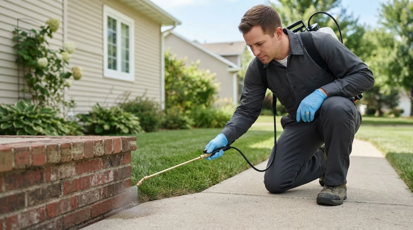 Pest control technician treating a home near Laclede, ID
